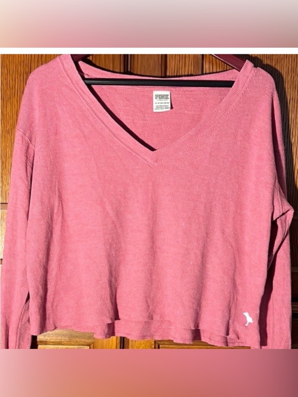PINK Victoria’s Secret V-Neck Thermal Waffle Weave Oversize Crop Top Relaxed